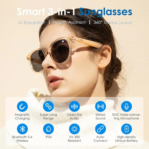 Miniatura 2 de GetD Lentes de sol inteligentes, lentes polarizados redondos Bluetooth para mujeres y hombres con altavoz, gafas de música, traductor AI, duración