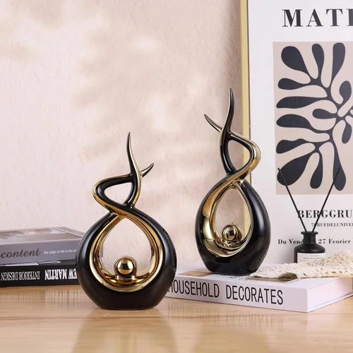 Miniatura 9 de Escultura moderna de cerámica abstracta dorada y negra, estatuas de Knick Knacks para sala de estar, estante, soporte de TV, mesa de café, comedor