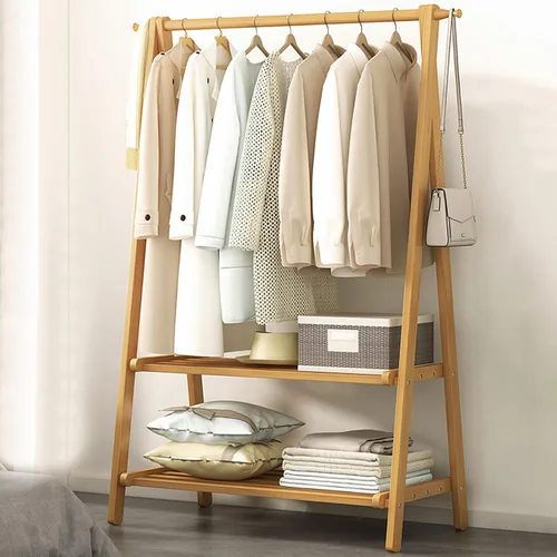 Miniatura 9 de Perchero de bambú portátil plegable con estantes de almacenamiento y riel de ropa colgante para entrada, dormitorio, espacios pequeños