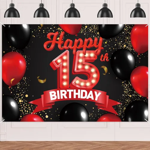 Cartel de feliz cumpleaños 15 color rojo y negro, decoración temática de globos para niñas y mujeres, princesas de 15 años, fiesta de cumpleaños,