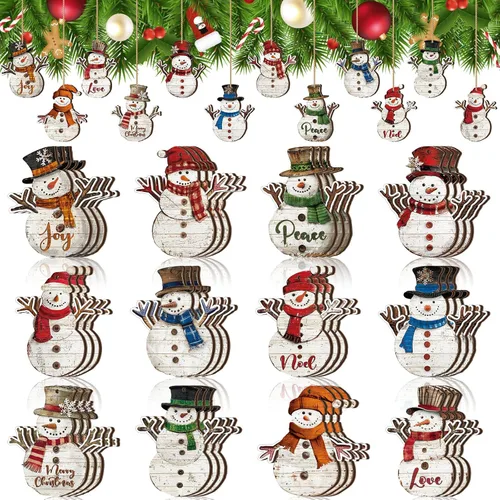 Miniatura 7 de Huwena 36 piezas de adornos de muñeco de nieve de Navidad para árbol, adornos de muñeco de nieve de Navidad, tallas de madera, adornos de árbol