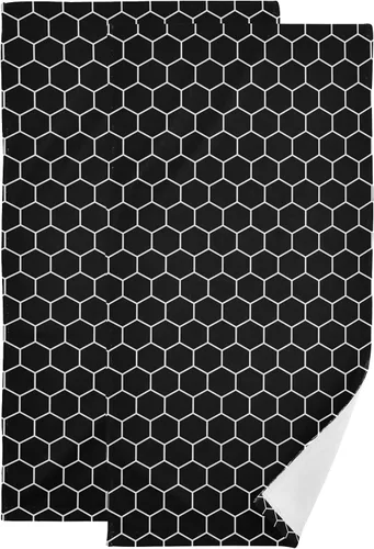 Juego de 2 toallas faciales de poliéster suave y absorbente para baño, diseño de panal de abeja, hexagonal, negro y blanco, para peluquería,