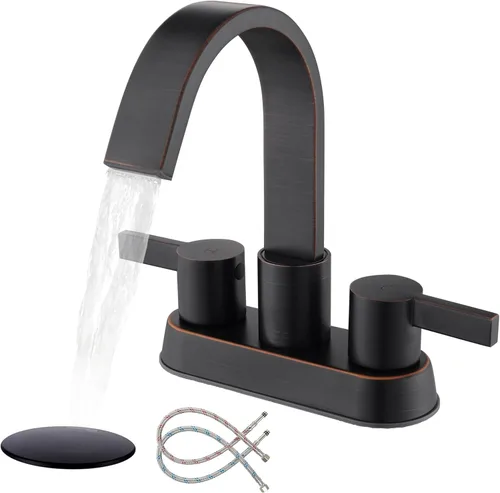 Miniatura 10 de SUS304 - Grifos de baño negro mate para fregadero de 3 agujeros, 4 pulgadas, grifo de cascada con drenaje emergente y 2 mangueras de suministro