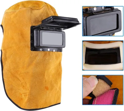 Miniatura 2 de Máscara de casco de soldadura con lente, sombrero de trabajo con capucha de soldadura de cuero, máscara de casco de soldadura ajustable, absorción