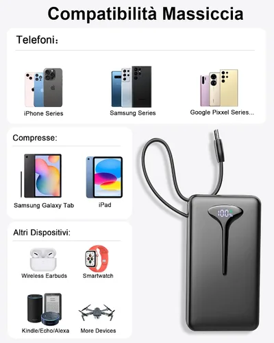 Miniatura 7 de Banco de energía de 10000mAh, Cargador portátil USB C 2025, Banco de energía de carga rápida de 22.5W con cable incorporado, Cargador de teléfono