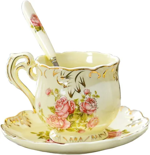 Tazas de té y platillos (flores - 8 onzas), juego de tazas y platillos florales, juego de tazas de té vintage, juegos de té para mujeres, juego de