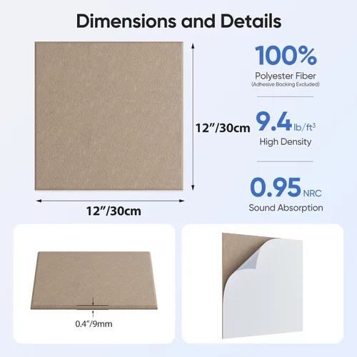 Miniatura 3 de Paquete de 12 paneles acústicos de 12" X 12" X 0.4" para absorción de sonido de pared, paneles de sonido cuadrados autoadhesivos de alta densidad