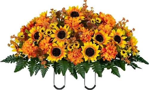 Miniatura 5 de Sympathy Silks Flores artificiales de otoño, decoración de tumbas, decoración del hogar, flores de maceta, girasoles amarillos y madres ámbar, ramo