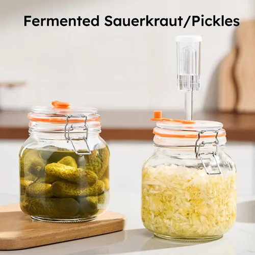 Miniatura 5 de Jillmo Tarro de fermentación de 1 litro, kit de fermentación de vidrio cuadrado con peso para hacer chucrut, salsa picante, hidromiel, sidra y más