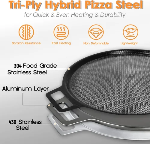 Miniatura 2 de Acero antiadherente para pizza grabado con láser, sartén para pizza de acero híbrido de 3 capas con núcleo de aluminio, mejor conductividad térmica