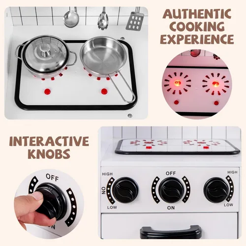 Miniatura 3 de INFANS Juego de cocina para niños, juego de cocina de madera con luz y sonido realistas, estufa, fregadero, microondas, armario de almacenamiento