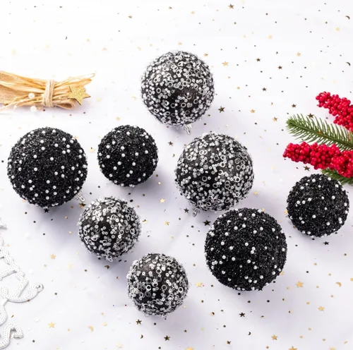 Miniatura 3 de 12 unidades de adornos de bola de Navidad, adornos de bola de Navidad negros de plástico irrompible con perlas colgantes para fiesta de vacaciones