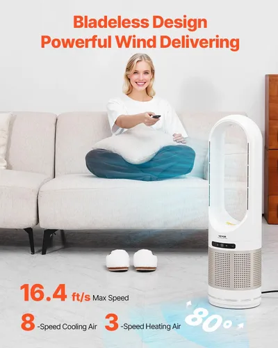 Miniatura 5 de VEVOR Bladeless Tower Fan, High-Velocity Floor Fan, 80° Oscillating with 8 Speeds, Timer, Remote Control for Bedroom, Office, Home