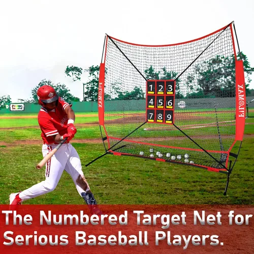 Miniatura 6 de Red de práctica de béisbol y softbol de 7 x 7 pies con zona de golpe numerada, red de entrenamiento de lanzamiento portátil resistente