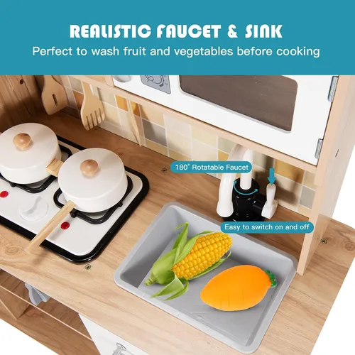 Miniatura 7 de Costzon Juego de cocina para niños, cocina de juguete de madera con luz y sonido, microondas, máquina de hielo, horno, fregadero y grifo, accesorios