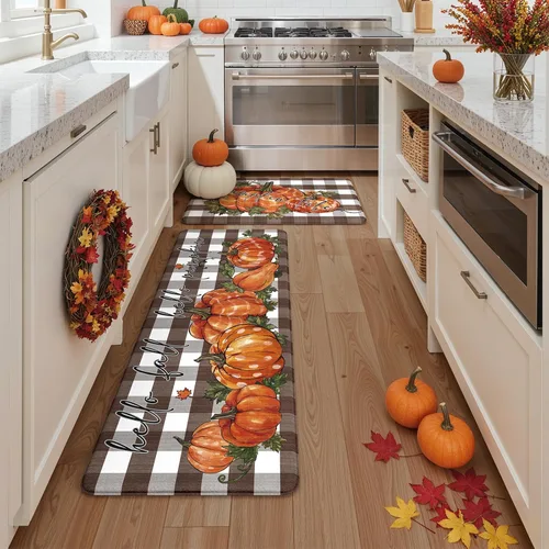 Miniatura 4 de KIMODE Tapetes Antifatiga para Piso de Cocina 17"x47"+17"x29", Juego de 2 Alfombras de Cocina a Cuadros Marrón y Blanco, Tapete de Cocina