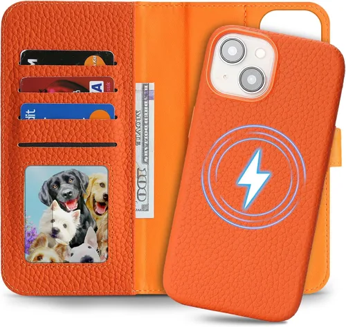 Miniatura 20 de Funda desmontable de piel auténtica para iPhone 13/14, funda magnética 2 en 1 extraíble, soporte de carga MagSafe, función de soporte para tarjetas