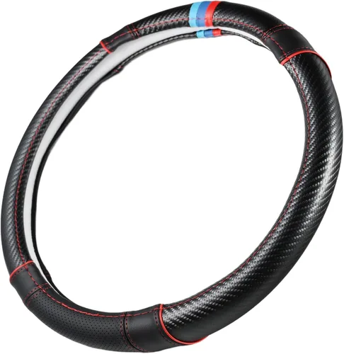 Funda para volante de fibra de carbono + cuero con franjas deportivas en la parte superior, antideslizante y absorbente de sudor, ajuste universal