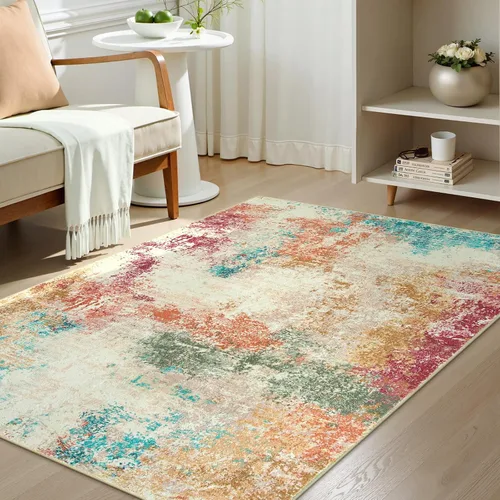 Miniatura 12 de Lahome - Alfombra abstracta de 3 x 5 pies, alfombra lavable azul gris para entrada sin deslizamiento, alfombra moderna de pelo bajo y suave