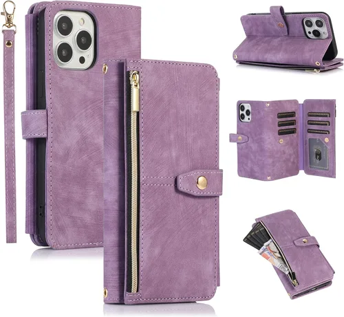 Miniatura 26 de UEEBAI Funda tipo cartera para iPhone 12 Mini de 5.4 pulgadas, retro 9 ranuras para tarjetero, bolsillo con cremallera, cierre magnético, función