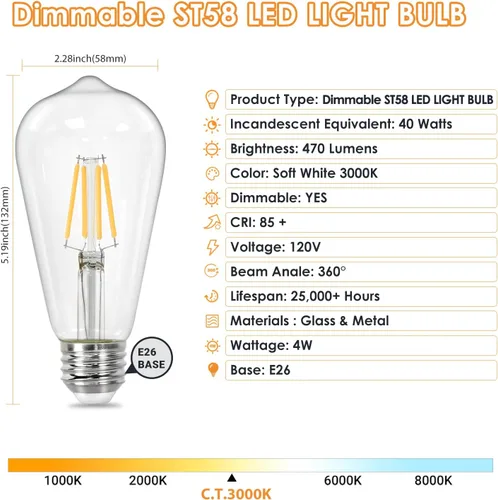 Miniatura 2 de Qingmiao – Bombillas LED vintage con diseño Edison, ST58 regulables de 4W, base E26, equivalente a 40W, luz LED blanca suave de 3000K, bombillas