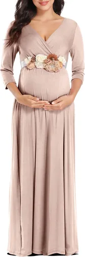 Kim S Vestido largo de maternidad con banda de flores (S-3XL), vestido de fiesta baby shower con cuello en V fruncido