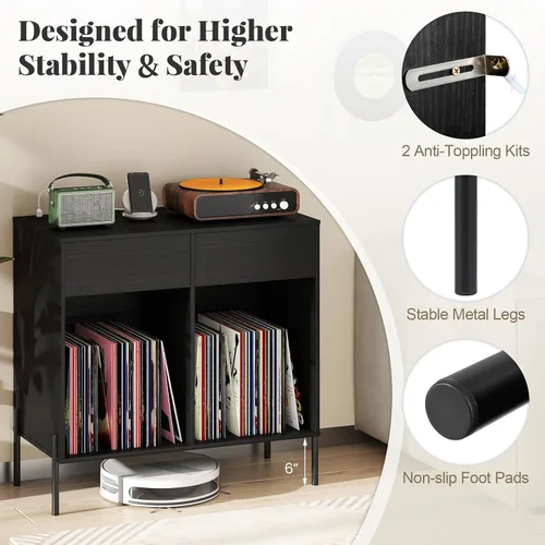 Miniatura 7 de Giantex Soporte grande para tocadiscos con estación de carga, soporte giratorio de madera de mediados de siglo con 2 cajones de almacenamiento