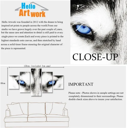 Miniatura 6 de Lienzo grande de 5 piezas de arte de pared de lobo blanco y negro, ojos azules, cara de animal, cabeza de animal, pintura abstracta para sala