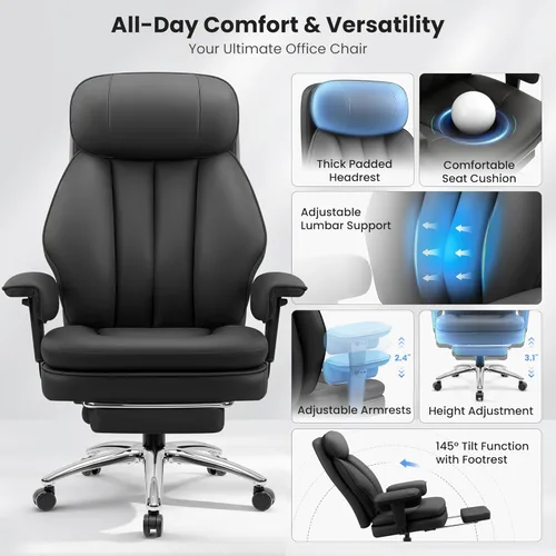 Miniatura 8 de BestGlory Silla de escritorio de oficina con soporte lumbar inflable, silla de oficina ergonómica [cojín y reposapiés mejorados de doble capa], Negro