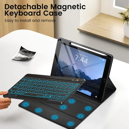 Miniatura 7 de OYEEICE Funda de teclado para iPad 6ª/5ª generación de 9.7 pulgadas, teclado inalámbrico desmontable retroiluminado de 7 colores, cubierta magnética