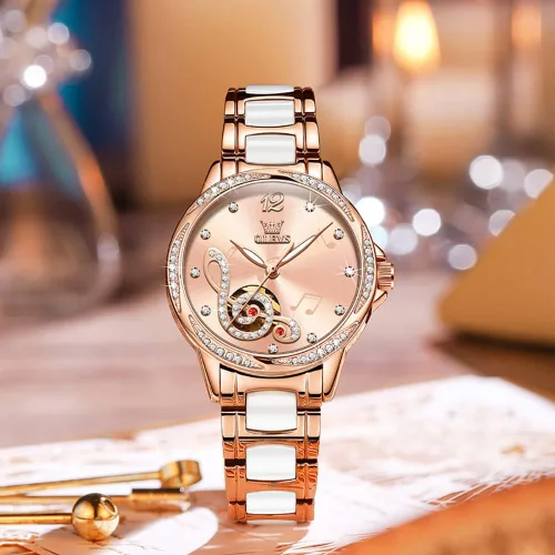 Miniatura 6 de OLEVS Relojes para mujer, de cuerda automática, oro rosa, diamante, reloj de pulsera mecánico automático, acero inoxidable, dos tonos, pulsera