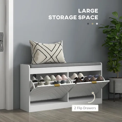 Miniatura 4 de HOMCOM Banco de zapatos, banco de entrada con 2 cajones abatibles, cojín de asiento y 2 rejillas de ventilación para 8 pares de zapatos