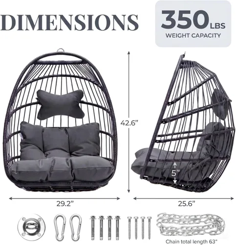 Miniatura 4 de Bulexyard Silla huevo al aire libre sin soporte, 159 kg plegable resistente al clima de ratán colgante con cojín, asiento tipo cesta mecedora Gris