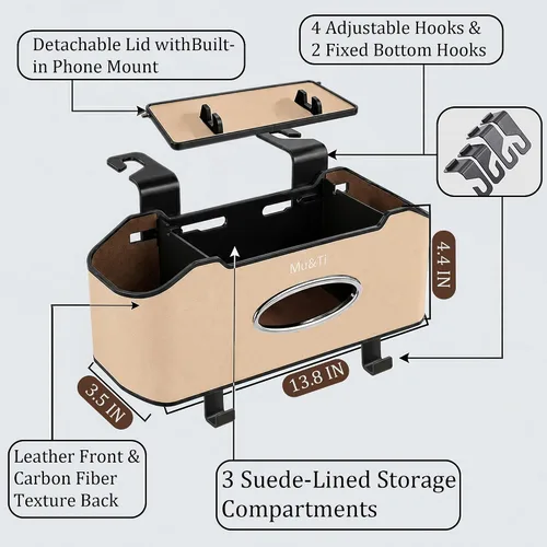 Miniatura 3 de Mu&Ti Organizador de asiento trasero para automóvil, 4+2 en 1, caja de almacenamiento multifuncional para asiento trasero de automóvil con 2