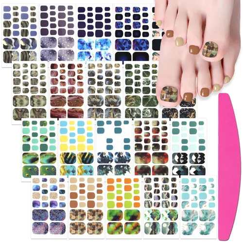 Miniatura 9 de 20 hojas de tiras de esmalte de uñas de los pies para mujer, calcomanías de color sólido para uñas de los pies, envolturas completas para niñas