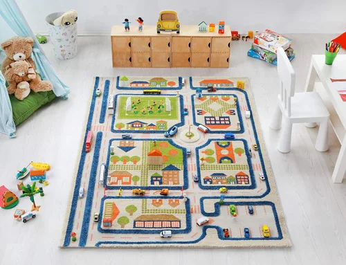 Miniatura 11 de IVI Alfombra de juego gruesa 3D para niños con diseño de ciudad colorida con campo de fútbol, estacionamiento y carreteras, azul, 32 x 45 pulgadas