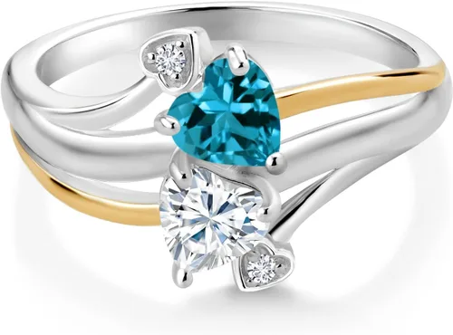 Miniatura 2 de Gem Stone King Anillo de compromiso de plata de ley 925 y oro amarillo de 10 quilates, topacio azul Londres, moissanita blanca y diamante cultivado