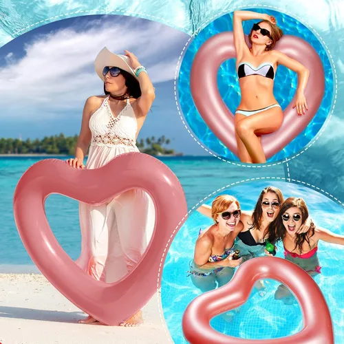 Miniatura 7 de Zhanmai 3 Pcs Inflatable Heart Pool Float 47.3 x 39.4 Inch Swim Heart Shaped Pool Rings for Adults Water Floatie Summer Swimming Tube for Beach Oro