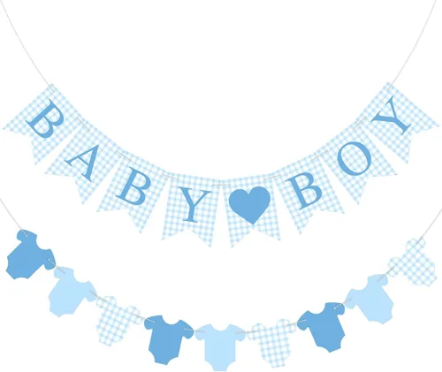 Miniatura 11 de Hahafelt 1 pieza de pancarta azul de gingham para bebé niño para decoraciones de fiesta Azul preencordada Baby shower, es un niño, pancarta de papel