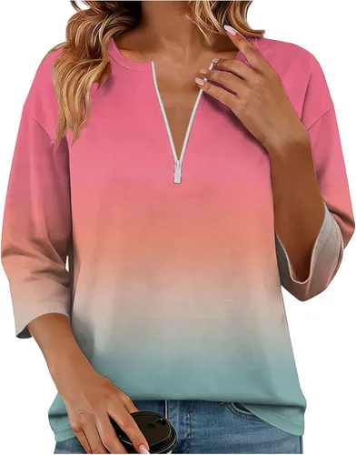 Miniatura 11 de Sudadera de manga larga con media cremallera para mujer, de gran tamaño, bloque de color, con cremallera de un cuarto, camisas de moda de primavera