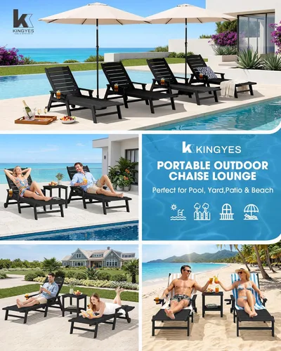 Miniatura 8 de KINGYES Sillón de polietileno de alta densidad para exteriores, tumbona reclinable para patio con portavasos para todo tipo de clima, tumbona