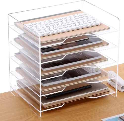 Miniatura 14 de Paquete de 2 bandejas apilables de papel para cartas, organizador de escritorio de archivos A4 ampliado, organizador de escritorio de acrílico