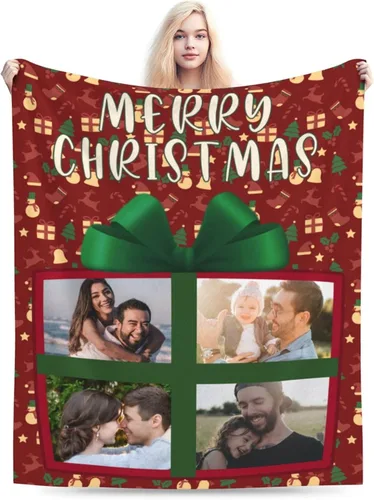 BYFDIY Manta personalizada con 4 fotos, manta de franela de Navidad personalizada para bebés, niños, madre, abuela, familia y mascotas, 16 colores,