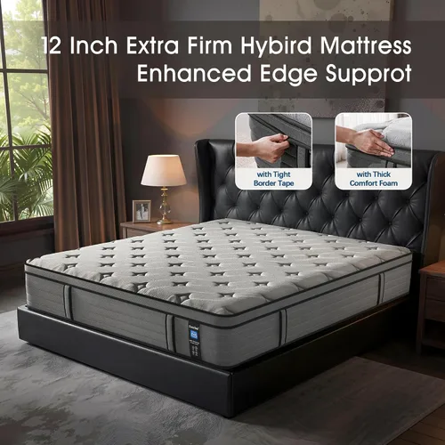 Miniatura 4 de Colchón extra firme Queen de 12 pulgadas para dolor de espalda con espuma viscoelástica de gel, soporte lumbar extra y soporte de hombro