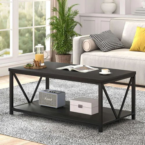 Miniatura 3 de EXCEFUR Mesa de centro pequeña, mesas modernas para sala de estar con estante de almacenamiento, mesa central rectangular de madera rústica, mesa