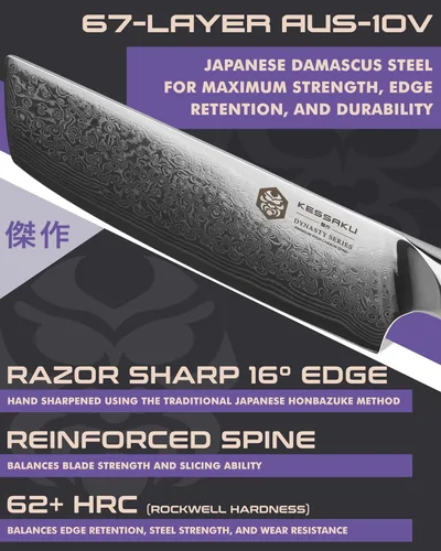 Miniatura 3 de KESSAKU Nakiri Cuchillo – 7 pulgadas – Serie Damascus Dynasty – Cuchillo asiático para verduras – Cuchillo de cocina afilado – Acero inoxidable