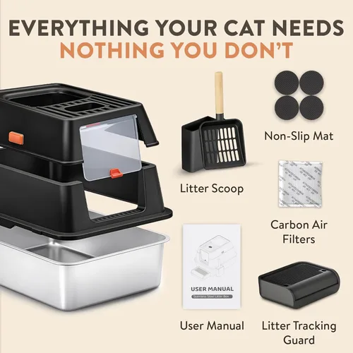 Miniatura 8 de Caja de arena XL de acero inoxidable para gatos con recinto y recogedor de excrementos, caja de arena duradera de metal negro para gatos grandes