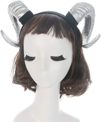 Miniatura 5 de NUOBESTY Diadema de cuerno de oveja, diadema de cuernos de demonio del diablo para disfraz de Halloween, cosplay, accesorios de fotos (plateado)