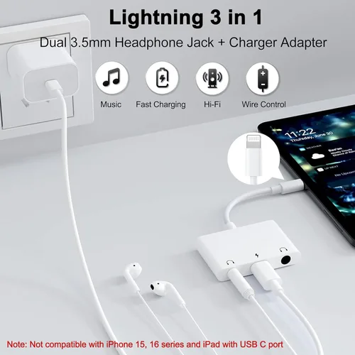 Miniatura 2 de Adaptador de conector de auriculares 3 en 1 dual de 0.138 in - Adaptador de audio y carga para auriculares - Divisor de auriculares para iPhone