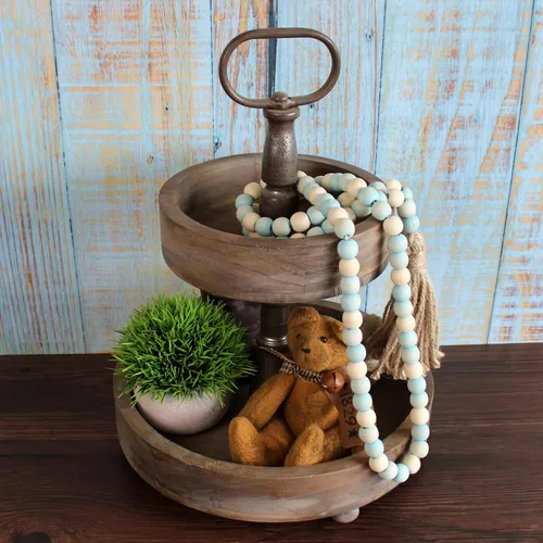 Miniatura 3 de CVHOMEDECO. Guirnalda de cuentas de madera con borlas, estilo rústico de granja, cuentas de oración para colgar en la pared, acento para decoración